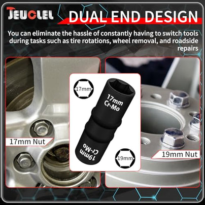 6PCS 1/2" Drive Flip Lug Nut Impact Socket Set, 8-IN-4 Socket Design Metric 17 19 21 22 mm and SAE 3/4 13/16 7/8 15/16 in Dual-End Thin Wall Nut Sockets, Double Sided Lug Nut Extractor