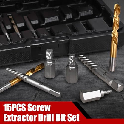15Pcs Screw Extractor Set, Easy Out Extractor Set, Left Hand Drill Bit Hex Head Extractor, Cobalt HSS Steel Kit for Stripped Screws and Broken Bolts - size: 15PCS new