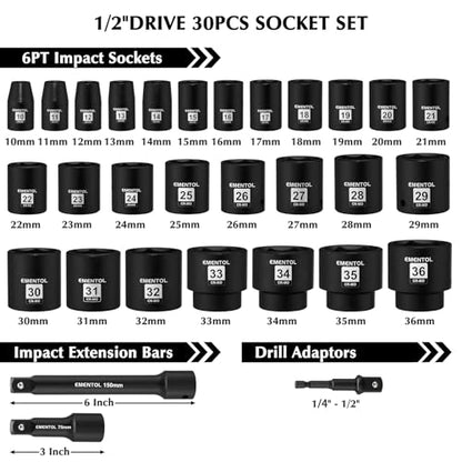 EMENTOL 30PCS 1/2" Drive Shallow Impact Socket Set, Metric, 10mm - 36mm, CR-MO, 6 Point, Includes 3-inch and 6-inch Imapct Extension Bars, 1/4"-1/2" Drill Adapter - size: 1/2" Drive (10mm-36mm),Shallow