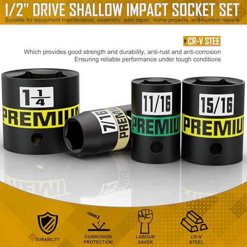 14-Piece 1/2" Drive Shallow Impact Socket Set, 3/8" to 1-1/4", Semi-Deep Sockets, Cr-V, Socket Set for Automotive and Home, SAE, 6 Point - size: 1/2" 14pcs SAE Shallow