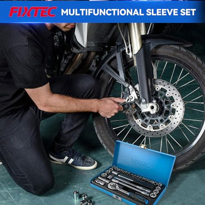 FIXTEC 31 Piece 1/4-Inch Drive Socket Ratchet Wrench Set, SEA and Metric Mechanics Tool Set with Quick Ratchet Handle (72-Tooth), Screwdriver Bit Set, Extension Bars, Universal Joint & Adapter