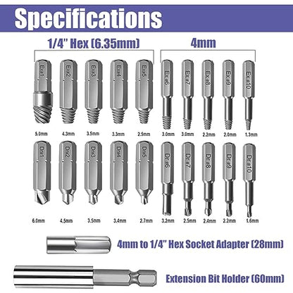 Yakamoz 22Pcs Mini Damaged Screw Extractor Kit Small Stripped Screws Remover Easy Out Broken Bolt Extractor Rusty Screw Removal Tool with Magnetic Extension Bit Holder & Socket Adapter