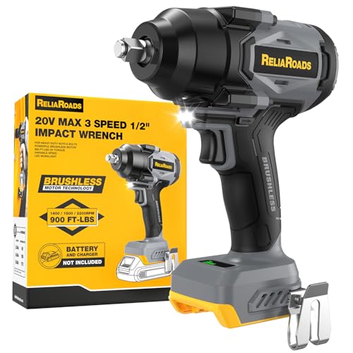 ReliaRoads 900 Ft-lbs Cordless Impact Wrench, 1/2 Inch Impact Gun Compatible DeWALT 20V MAX Battery, Brushless Constant High Torque Impact Driver with 3 Speed, Tool Only (No Battery Included) - color: Black