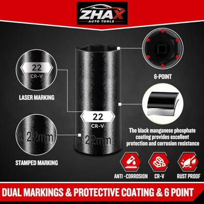 ZHAX 3/8 Inch Drive 6 Point Impact Socket Set, 72 PCS Standard SAE(5/16"- 3/4") & Metric(8-22mm) With Spark Plug, Deep & Shallow, 72T Wrench Ratchet Tool Kit,Cr-V With Heavy Duty Storage Case - size: 3/8" drive hex point