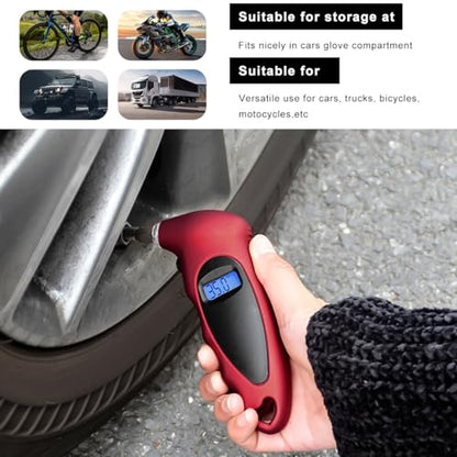 Digital Tire Pressure Gauge, 150PSI 4 Settings High Accuracy Tire Gauge with Backlit LCD and Non-Slip Grip, Easy to Read Air Pressure Gauge for Cars, Trucks and Bicycles (Red) - color: Red