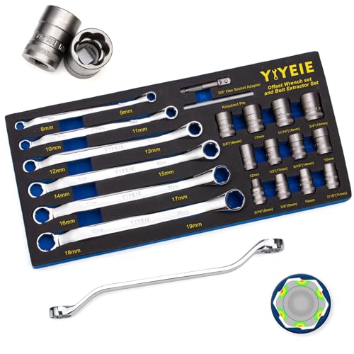 YIYEIE 20Pcs Combo Bolt Extractor Kit, 6-Point Offset Extractor Wrench Set, 6Pcs Metric 8-19mm, 14Pcs Eazy Out Bolt Extractor Set, Impact Socket Remover for Stripped, Broken, Rounded Bolts & Nuts - color: Combo Bolt Extractor Kit