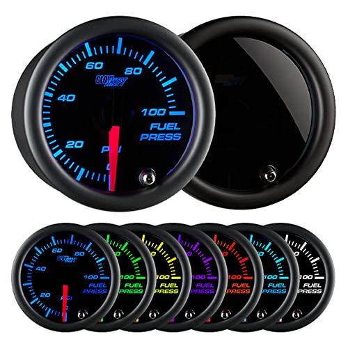 GlowShift Tinted 7 Color 100 PSI Fuel Pressure Gauge Kit, 2-1/16" 52mm | Includes 1/8-27 NPT Electronic Sensor & Wiring, Multi-Color Analog Display, Black Dial, Smoked Lens, For Car & Truck