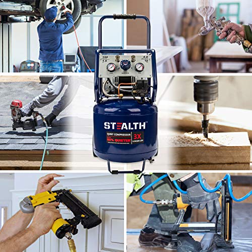 Stealth 12 Gallon Ultra Quiet Air Compressor, 1.5 HP Oil-Free Peak 150 PSI 68 Decibel,5 CFM @ 40 PSI 4 CFM @ 90 PSI Silent Portable Long Life Electric Air Compressor W/Wheel for Garage - style: Manual