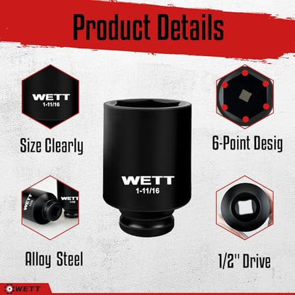 WETT 1/2" Drive Deep Large Impact Socket Set, 8-Piece Spindle Axle Nut Large Sockets Set, Standard SAE 6 Point Wheel Wrench Sockets, CR-V Steel, (1-1/4-Inch-1-3/4-Inch) - size: 1-1/4"-1-3/4" (8pc)