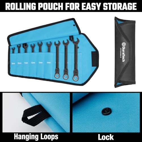 DURATECH 9-Piece Flex-Head Ratcheting Wrench Set, Combination Wrench Set, 72 Tooth, Metric, 8, 10, 11, 12, 13, 14, 15, 16, 17mm, Black Electrophoretic Coating, CR-V Steel, with Rolling Pouch - color: Black, size: 8-17mm