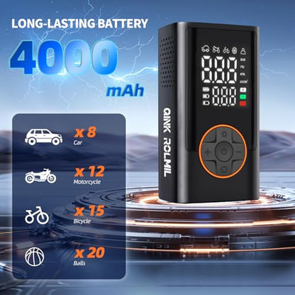 Tire Inflator Portable Air Compressor - 150PSI Portable Car Air Pump with 4000mAh Battery, Fast Inflation & Deflation Function, Digital Pressure Gauge & Auto-Off for Car, Motorcycle, Bike, Ball