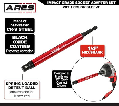 ARES 22013-6-Piece 3-Inch and 6-Inch Impact Grade Socket Adapter Set with Color Sleeve - Turns Impact Drill Drivers into High Speed Socket Drivers - 1/4-Inch, 3/8-Inch, and 1/2-Inch Drive - size: 3-Inch and 6-Inch Socket Adapter with Color Sleeve
