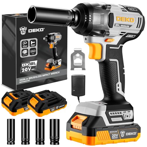 DEKOPRO Cordless Impact Wrench 258ft-lbs/350N.m Brushless Impact Wrench, 1/2" Impact Gun with 2x2.0Ah Battery, 4 Sockets, LED Light for Car Home