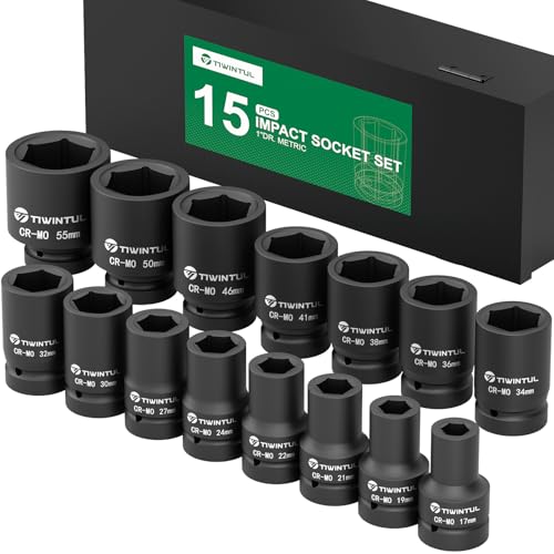 1-Inch Drive Deep Impact Socket Set,15 Pcs, Metric,CR-MO for Truck | 17/19/21/22/24/27/30/32/34/36/38/41/46/50/55mm Heavy Duty Large Sockets for Excavator & Industrial Use, with Metal Case - size: 15 PCS