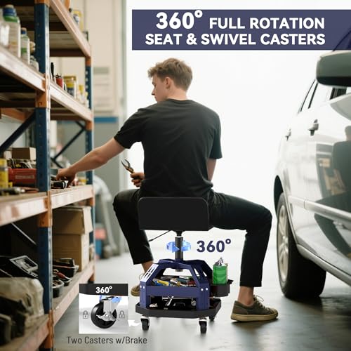 HOMCOM Rolling Mechanic Stool 300 LBS Capacity, Backrest 360° Wheels Blue | Pneumatic Creeper Garage Stool, Heavy Duty Roller Seat, Padded Shop Chair, Tool Tray Storage, Adjustable Height - color: Blue