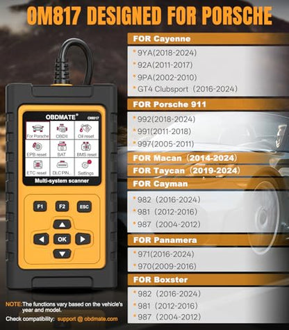 OBD2 Scanner for Porsche, OM817 Full System Diagnostic Tool, 10 Popular Reset Services, Read&Clear Codes, Auto VIN, Battery Test, One-Key I/M Readiness, No Subscriptions Lifetime Update