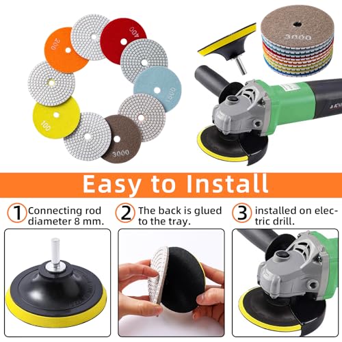 XKDOUS 13pcs Diamond Polishing Pads Set,50-8000 Grit Pads,Wet/Dry Granite Polish Kit with Backer Pad for Drill Grinder Rock Polisher Granite Marble Stone Concrete Tile Tools