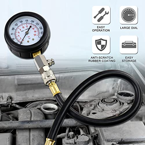 JoyFans 0-300 PSI Compression Tester Automotive Tool, Petrol Gas Engine Cylinder Pressure Test Kit with Gauge Adapter M10 M12 M14 M18 for Small Engine Cars Motorcycles Trucks SUVs Black - color: Black