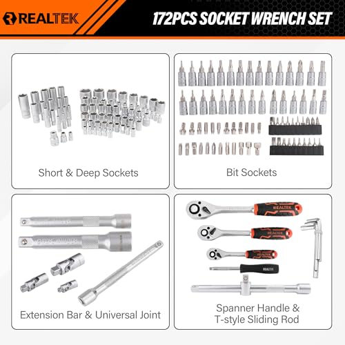 1/4" Socket Ratchet Wrench Screwdriver Set, 172PCS CR-V Metric Wrench Set with Extension Bar, Quick-Release Ratchet Wrench with Bit Socket Set for Auto Repairing, Household with Durable Tool Case - size: 172 Pieces 1/4"3/8"1/2" Drive Socket Set