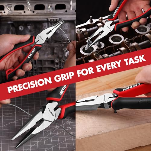 ARROW Needle Nose Pliers, 8-inch Long Nose Cutting Pliers with Wire Cutter, Comfortable TPR Handle, High Carbon Steel, High Leverage Diagonal Design - size: 8 Inch
