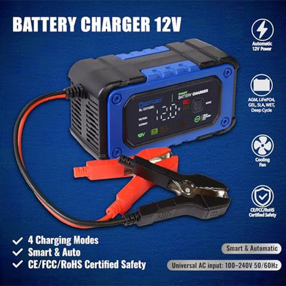 Mighty Max Battery 12V 7A Smart Battery Charger and Maintainer with Repair Mode Compatible with LiFePO4, SLA, Gel, AGM and Wet Cell Batteries