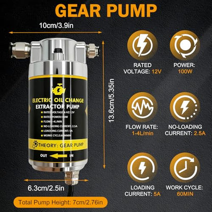 MILADO 12V 100W Electric Oil Change Extractor Pump,1-4L/min Portable Fluid Extractor Transfer Pump for Engine Oil, Diesel, Transmission Fluid, Gear Oil, for Boat, Car, Truck, Motorcycle, Lawnmower | Extract old oil for DIY oil changes, no need to get unde