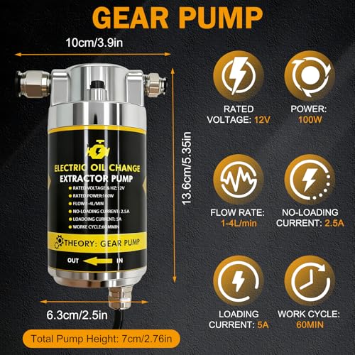 MILADO 12V 100W Electric Oil Change Extractor Pump,1-4L/min Portable Fluid Extractor Transfer Pump for Engine Oil, Diesel, Transmission Fluid, Gear Oil, for Boat, Car, Truck, Motorcycle, Lawnmower | Extract old oil for DIY oil changes, no need to get unde