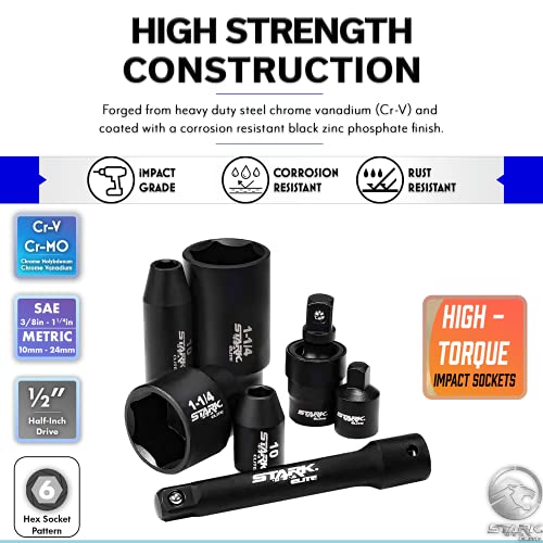 Stark USA 1/2" Drive Master Impact Socket Set, 65 Piece, Standard SAE (3/8"-1-1/4") & Metric (10-24 mm) Sizes, Deep & Shallow Kit, Includes Adapters & Ratchet Handle - style: 65pcs SAE/Metric Impact Socket Set