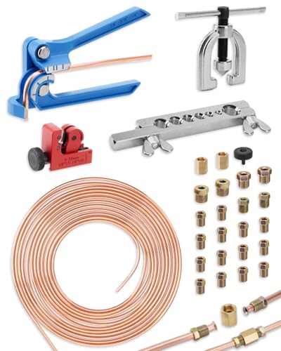 25 ft 3/16in Copper Coated Brake Line Flaring Tool Kit, Includes 3-in-1 Tube Bender, Double & Single Flaring Tool Set, 1 Tube Cutter, 2 Threads Unions, 20 Fittings - color: 3/16 in Copper Coated