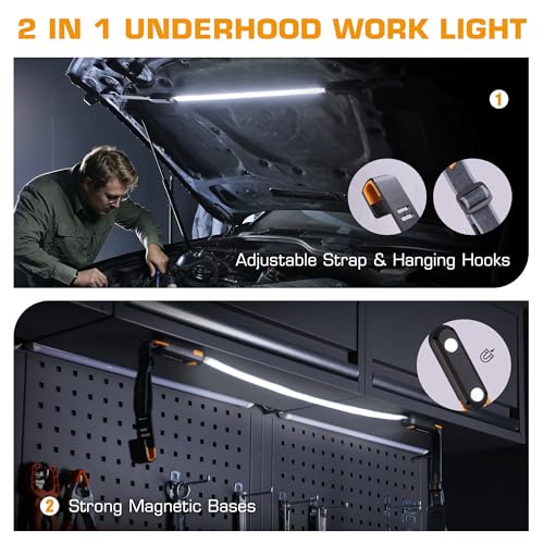 EverBrite Rechargeable Underhood Work Light, Magnetic Under Hood LED Work Light Bar for Mechanic, 3 Power Modes with Adjustable Straps and Hooks, Ideal Gifts for Mechanics, Men, Automotive, Garage