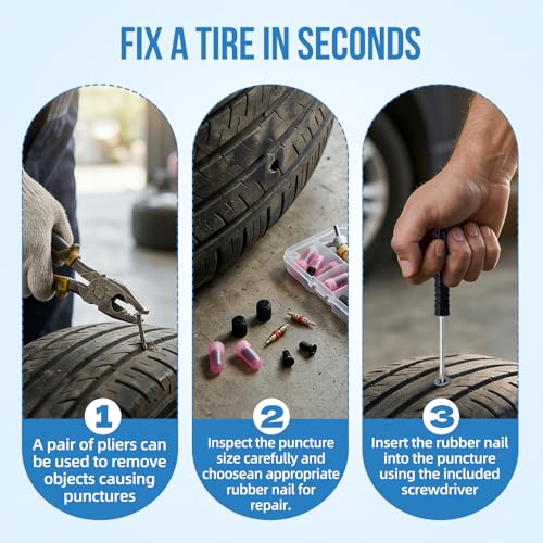 65Pcs Screw in Tire Plugs Kit Tire Repair Rubber Nail Kit Tire Repair Kit Tire Plugs Screw Type Flat Tire Screw Plugs Repair Kit Tire Repair Screws Quick Fix with Screw Tire Plugs Kit