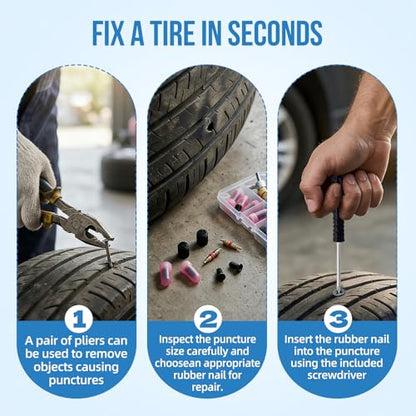 65Pcs Screw in Tire Plugs Kit Tire Repair Rubber Nail Kit Tire Repair Kit Tire Plugs Screw Type Flat Tire Screw Plugs Repair Kit Tire Repair Screws Quick Fix with Screw Tire Plugs Kit