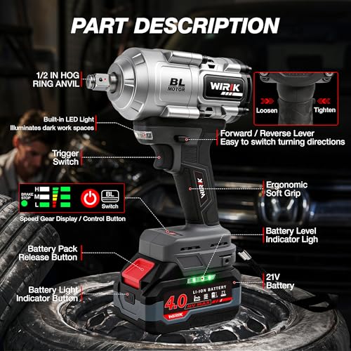 WIRIK Cordless Impact Wrench, 21V 1/2" Brushless High Torque Impact Gun | 1000N.m (737Ft-lbs) Breakaway Torque, 2x4.0Ah Batteries, Auto Stop, LED Light, 3 Modes & 5 Sockets for Truck, RV & Heavy Duty