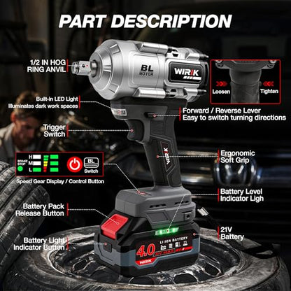 WIRIK Cordless Impact Wrench, 21V 1/2" Brushless High Torque Impact Gun | 1000N.m (737Ft-lbs) Breakaway Torque, 2x4.0Ah Batteries, Auto Stop, LED Light, 3 Modes & 5 Sockets for Truck, RV & Heavy Duty