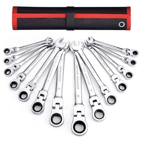 Flex Head Ratcheting Wrench Set, 14-Piece Metric Ratchet Wrenches Set 6-19mm, 72-Tooth CR-V Steel Combination Wrench Set with Roll Up Pouch, Ideal for Automotive Repair - size: 14-pcs + Red Pouch