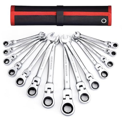 Flex Head Ratcheting Wrench Set, 14-Piece Metric Ratchet Wrenches Set 6-19mm, 72-Tooth CR-V Steel Combination Wrench Set with Roll Up Pouch, Ideal for Automotive Repair - size: 14-pcs + Red Pouch