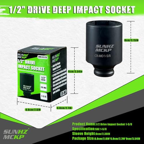 SUNHZMCKP 1/2 Inch Drive Impact Socket, SAE 1-5/8 In Deep 6 Point Socket, CR-MO, Axle Nut Impact Grade Socket for Easy Removal - color: Sae, size: 1-5/8 inch