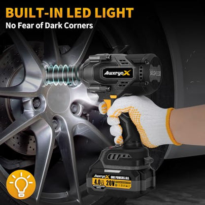 AwxryoX 1700Nm Impact Wrench, 20V 1254Ft-lbs Brushless Impact Gun with 2x4.0Ah Battery, 1/2" High Torque Pistola De Impacto with 6 Socket, Electric Impact Llave Driver for Truck/Mower/Car/Industrial