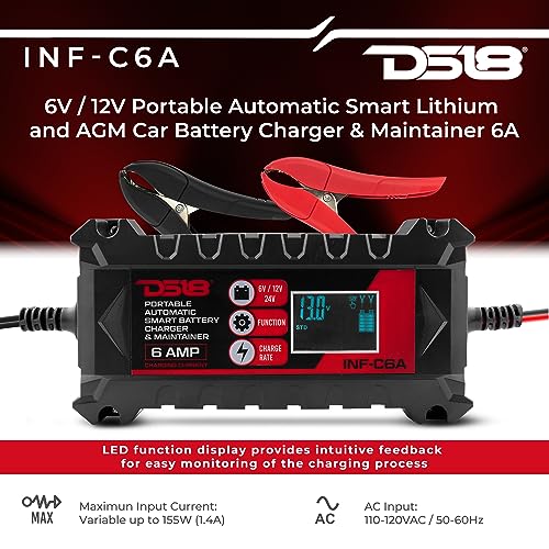 DS18 INF-C6A 6V/12V Car Battery Charger, Portable Automatic Smart Lithium and AGM Battery Trickle Charger & Maintainer 6A for Car Truck Motorcycle Lawn Mower Boat Marine Lead Acid Batteries