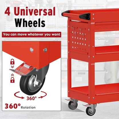 3 Tier Rolling Cart, Heavy Duty Utility Industrial Service Carts on Wheels, Metal Tool Cart with Locked Drawers, Ideal for Garage, Warehouse and Repair Shop (Red) - color: Red