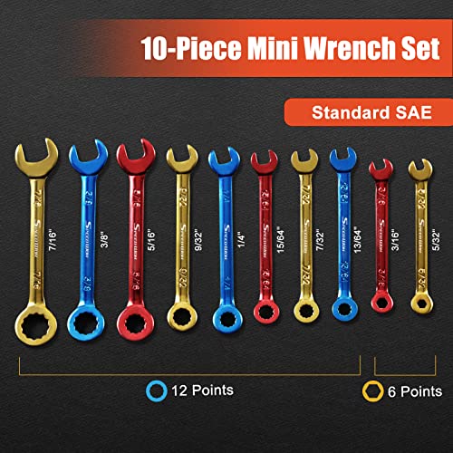 SPEEDWOX 10 Pcs Mini Combination Wrench Set Metric & SAE Color Plated Open and Box End Mini Wrenches Color Coated Midget Wrench Set with Portable Pouch and Large Ring（4-11mm(5/32-7/16"） - style: Metric & SAE