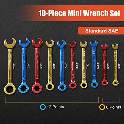SPEEDWOX 10 Pcs Mini Combination Wrench Set Metric & SAE Color Plated Open and Box End Mini Wrenches Color Coated Midget Wrench Set with Portable Pouch and Large Ring（4-11mm(5/32-7/16"） - style: Metric & SAE
