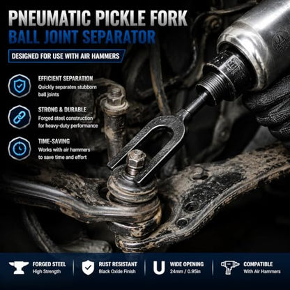 Pneumatic Separating Pickle Fork for Ball Joint and Tie Rod Removal | precision heat-treated,Industrial-grade forged steel,high impact resistance,Advanced anti-rust coating,Precision fork angle
