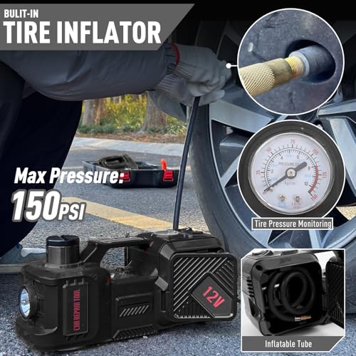 Trihelper Electric Car Jack 5 Ton Hydraulic Jack, Impact Wrench, Tire Pump | Lift Range 5.9-17.7in, 350 N·m Torque, 35L/min Pump, 150 PSI Gauge, Fits Sedan SUV MPV Truck, Built-In Headlight - color: Black+Wrench