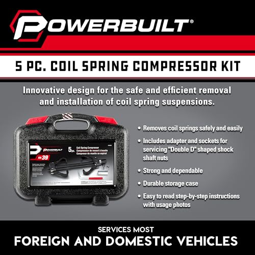 Powerbuilt Coil Spring Compressor Tool Kit, 5 Piece, Straight or Curved Coil Springs, Shock Absorbers, Foreign and Domestic, Storage Case - 648603, Black - style: 2 Piece