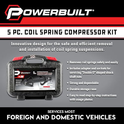 Powerbuilt Coil Spring Compressor Tool Kit, 5 Piece, Straight or Curved Coil Springs, Shock Absorbers, Foreign and Domestic, Storage Case - 648603, Black - style: 2 Piece