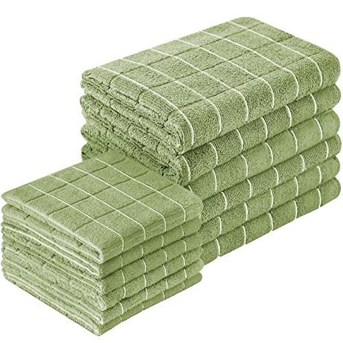 Puomue Microfiber Kitchen Towels and Dishcloths Set, 26 X 18 Inch and 12 X 12 Inch, Set of 12 Bulk Lint Free Dish Towels for Drying Dishes, Olive Green - color: Olive Green