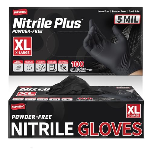 Supmedic Nitrile+ Disposable Gloves, 5Mil Chemical Resistant Powder-Free Latex-Free Glove Exam Cook Tattoo, Black Blue 100Pcs - color: (Black) X-large