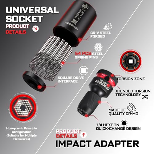 Geinxurn 5Pcs Socket Holder Keychain, 1/2 Drive Quick Release & Quick Change Socket Set Organizer with Square Drive Socket and Universal Socket for Lineman, Electricians, Construction Crews - style: B01K005-0102
