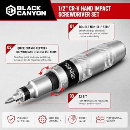 BLACK CANYON Manual Impact Screwdriver Set, Heavy Duty Hand Impact Driver with 12 S2 Steel Bits, Reversible Impact Screwdriver for Rusted, Stubborn & Seized Screws, Motorcycle Repair Tool Kit